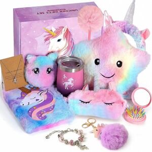 ABERLLS Unicorn Gifts for Girls Set 11pc LED Pillow Diary Water Bottle Pink